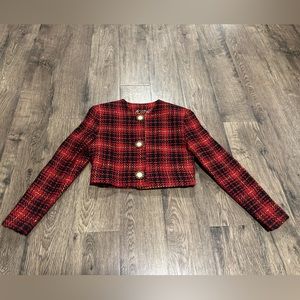 Women's size small, button-up, flannel patterned, MDY cropped jacket.